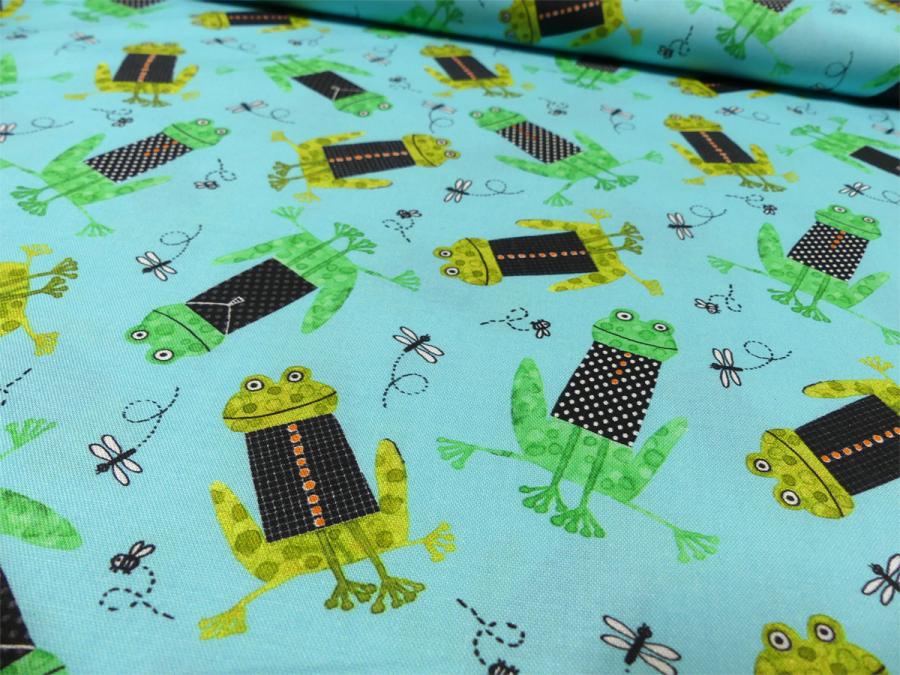 Preview: Lustige Frösche Libellen türkis grün gelb Detailansicht Patchworkstoff Benartex Frogtastic